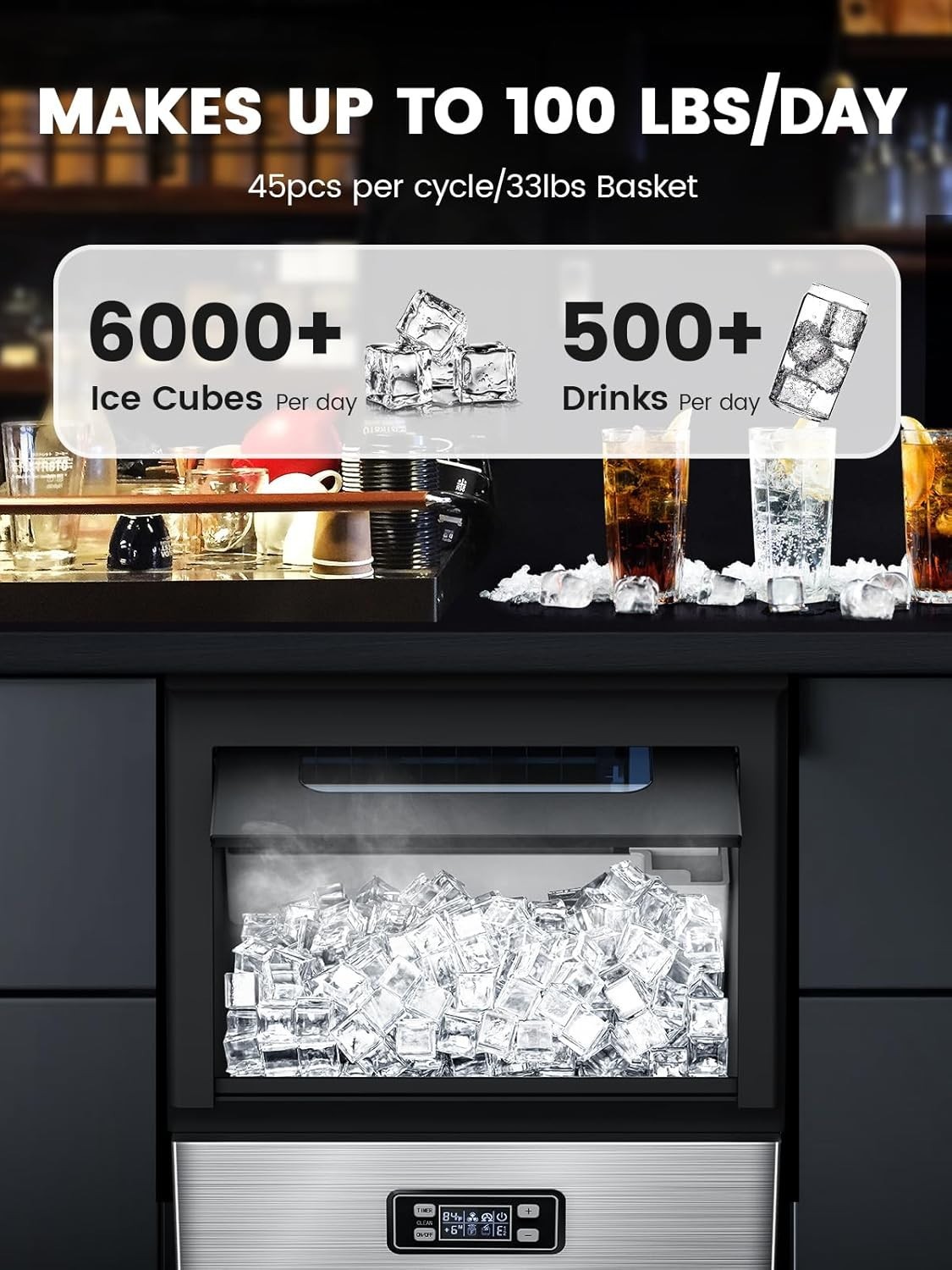 Electactic Commercial Ice Maker Machine,100lbs/24H Stainless Steel Ice Machine