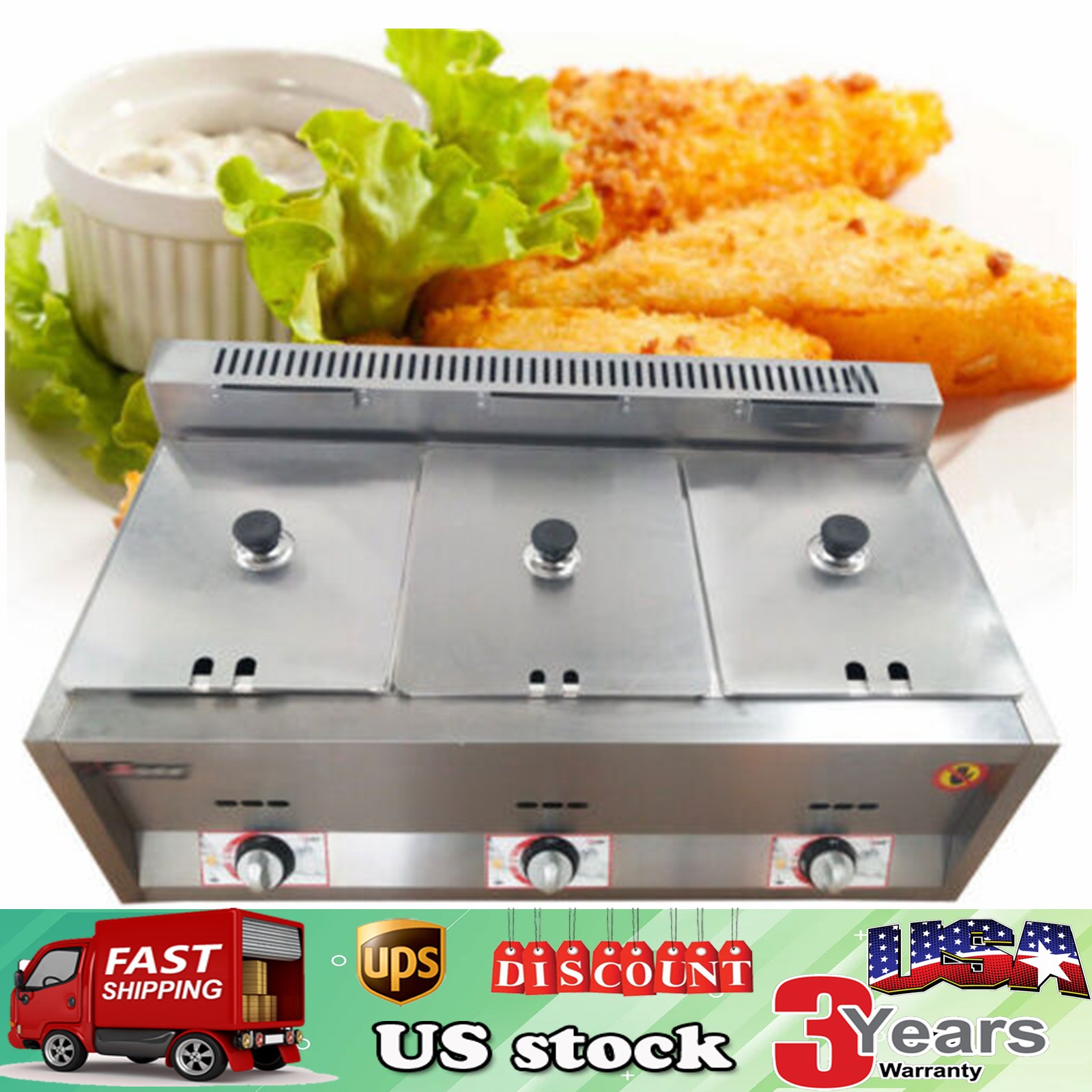 LPG GAS 3 Pan Propane Bain-Marie Buffet Food Warmer Steam Table Gas Fryer 18L