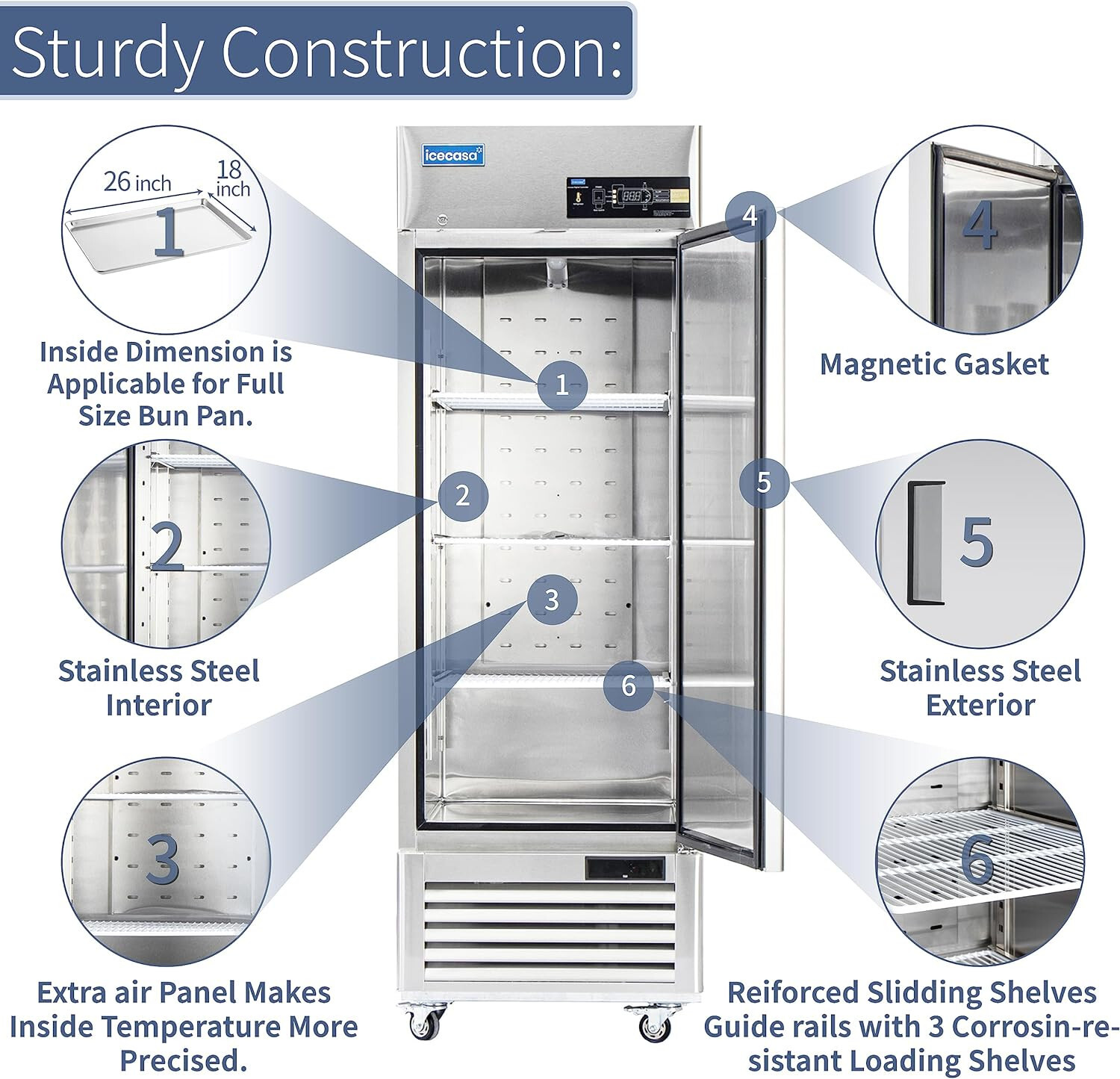 27″ Commercial Freezer, ICECASA Single Door Commercial Reach-In Freezer 23 Cu.ft