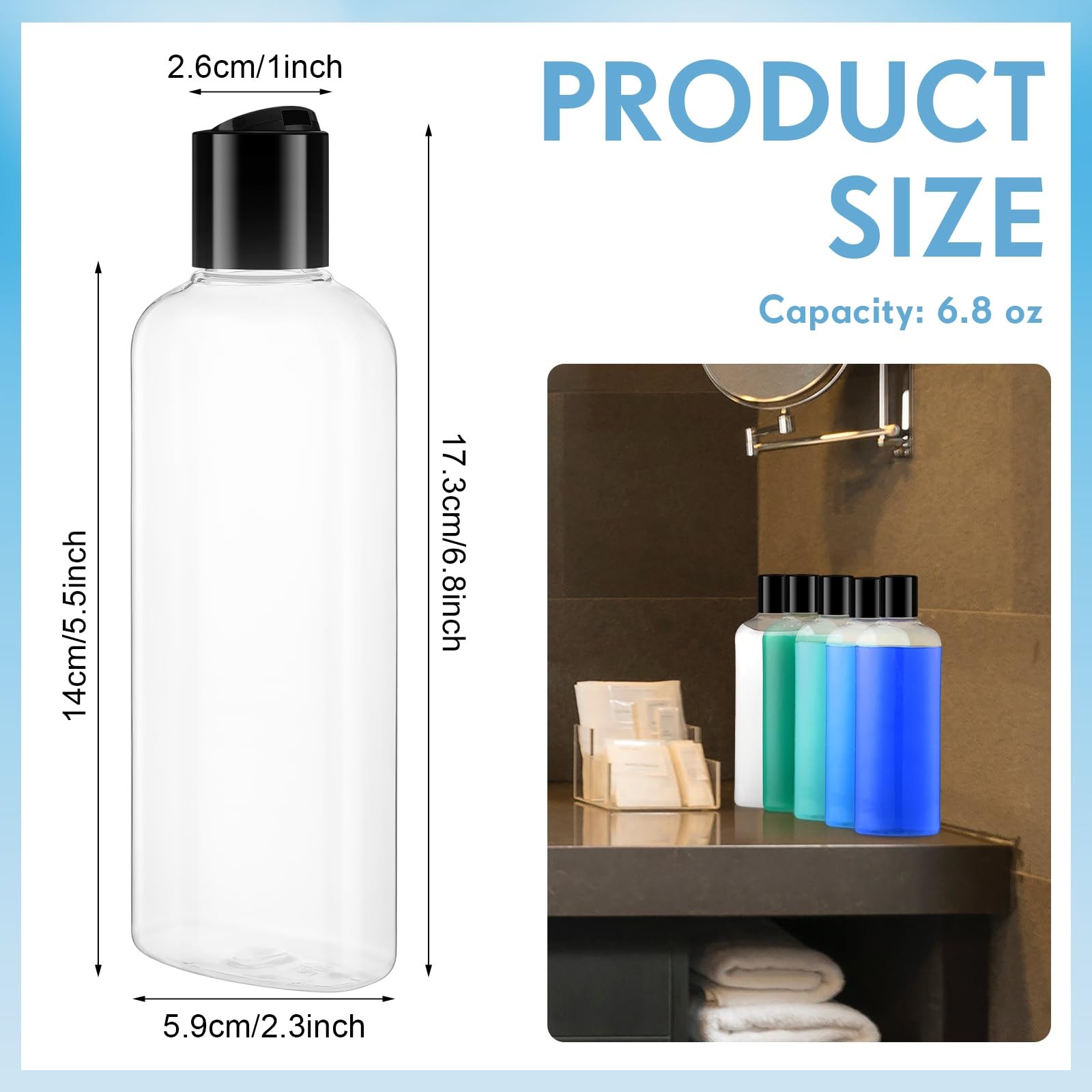 Domensi 50 Pcs Travel Bottles Bulk Empty Plastic Bottle 6.8Oz Clear Refillable