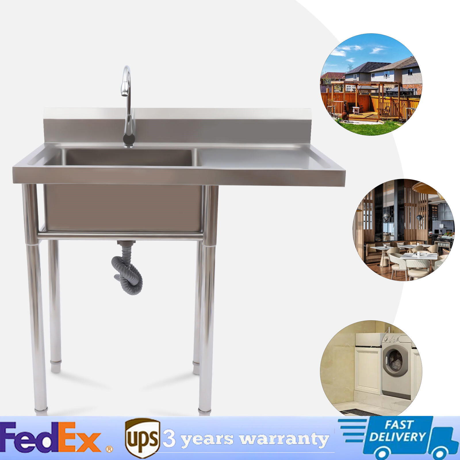Stainless Steel Utility Sink with Drainboard and 360° Rotating Faucet
