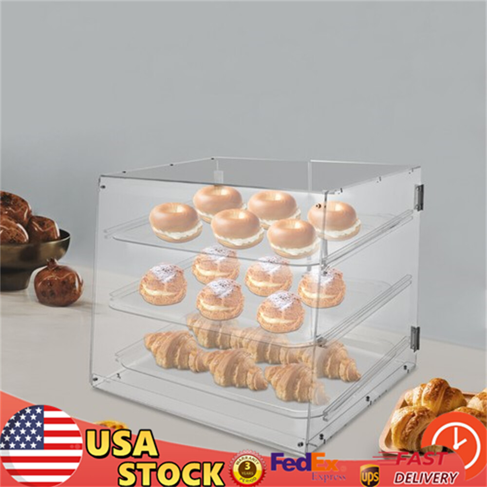 Acrylic Bakery Display Case 3-Tier Countertop Donut Pastry Case Rear Door NEW