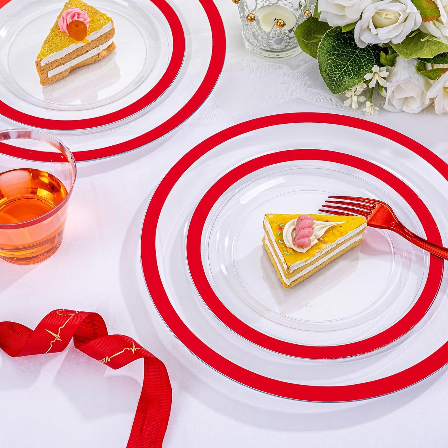 210 Pcs Red Plates Set,Clear and Red Plastic Plate Include 60 Plates,30 Cups,30