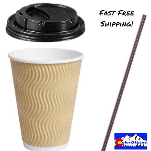 100 Pack 12oz Ripple Paper Coffee Cups w Lids and Brown Straws Tan Disposable