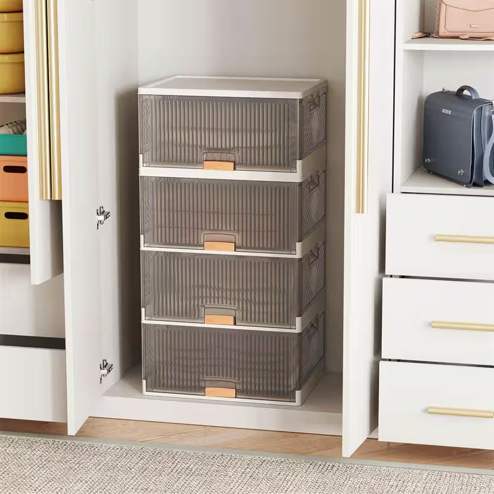 18 Gal. 4-Cube Stackable Storage Bins in White and Brown with Detachable Wheels