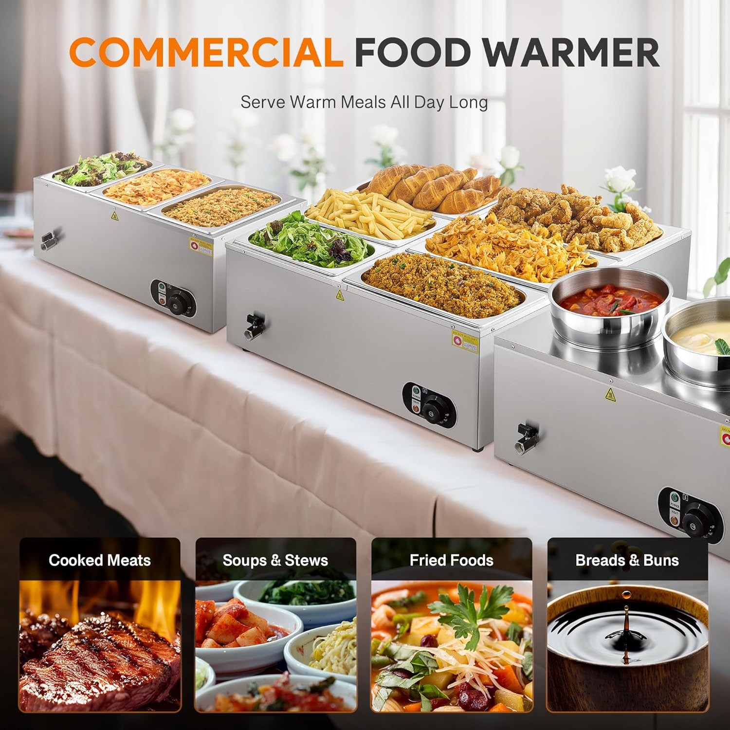 WILPREP 1500W Commercial Food Warmer with Six 1/3 Pans, Used