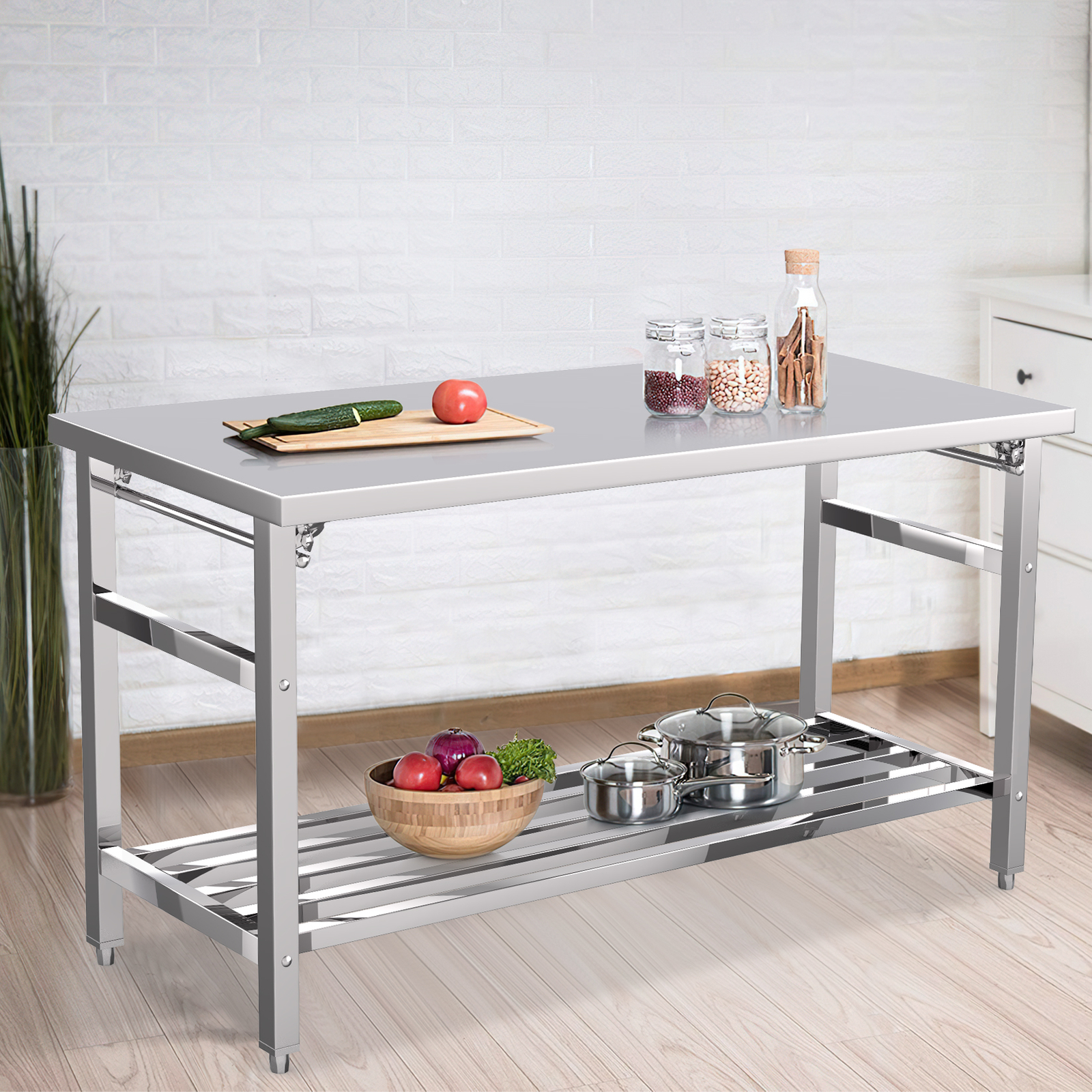 Stainless Steel Work Table 24″x60″ Folding Commercial Prep Table with Undershelf