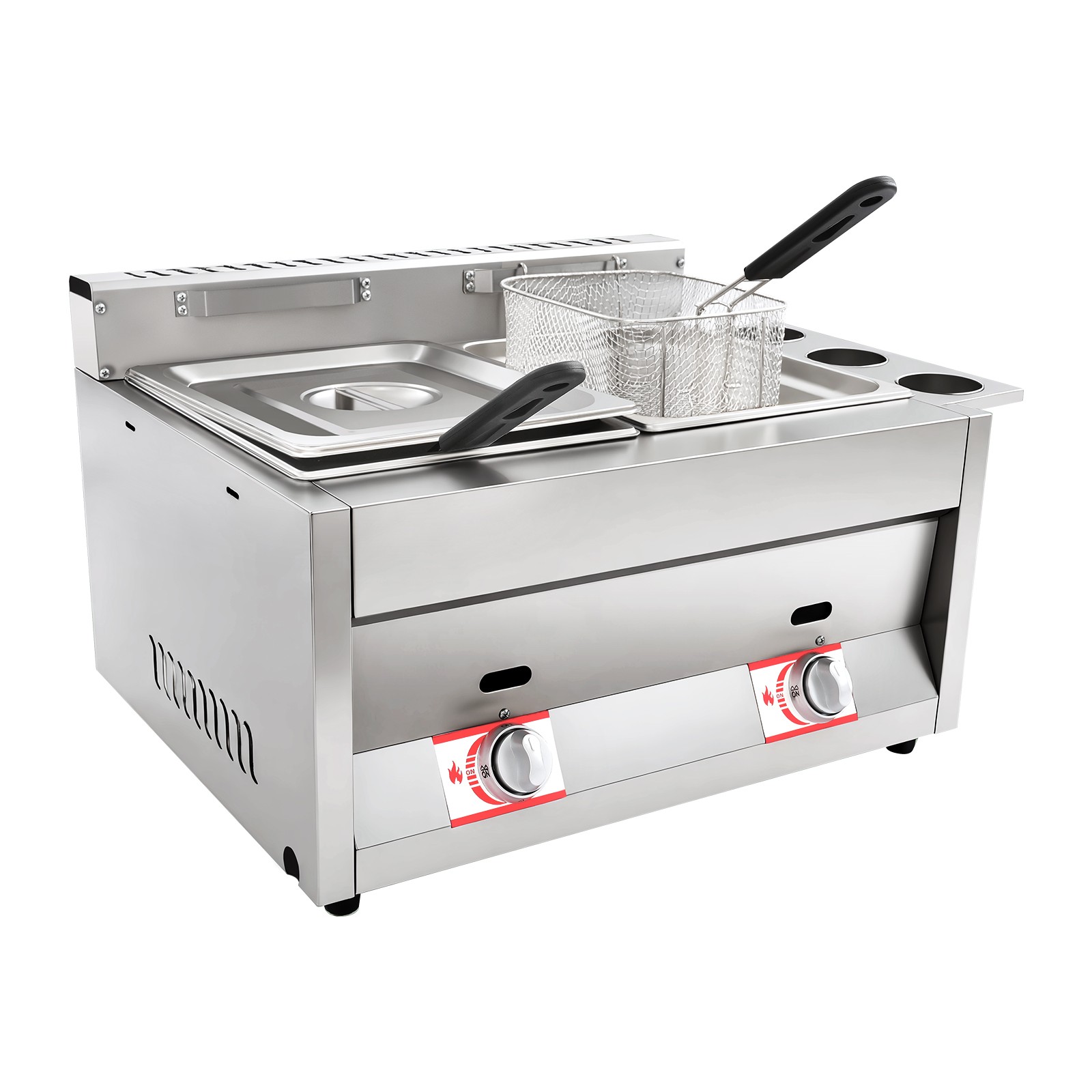 23.74*18.11*13.18″ Silver Commercial Dual Tank Kitchen Deep Fryer W/ Basket& Lid