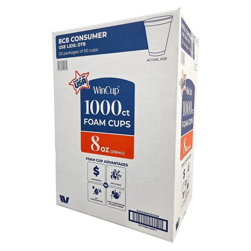 WinCup Foam Drink Cups 18 Series, White, 8 Ounce Capacity, 1000 Count
