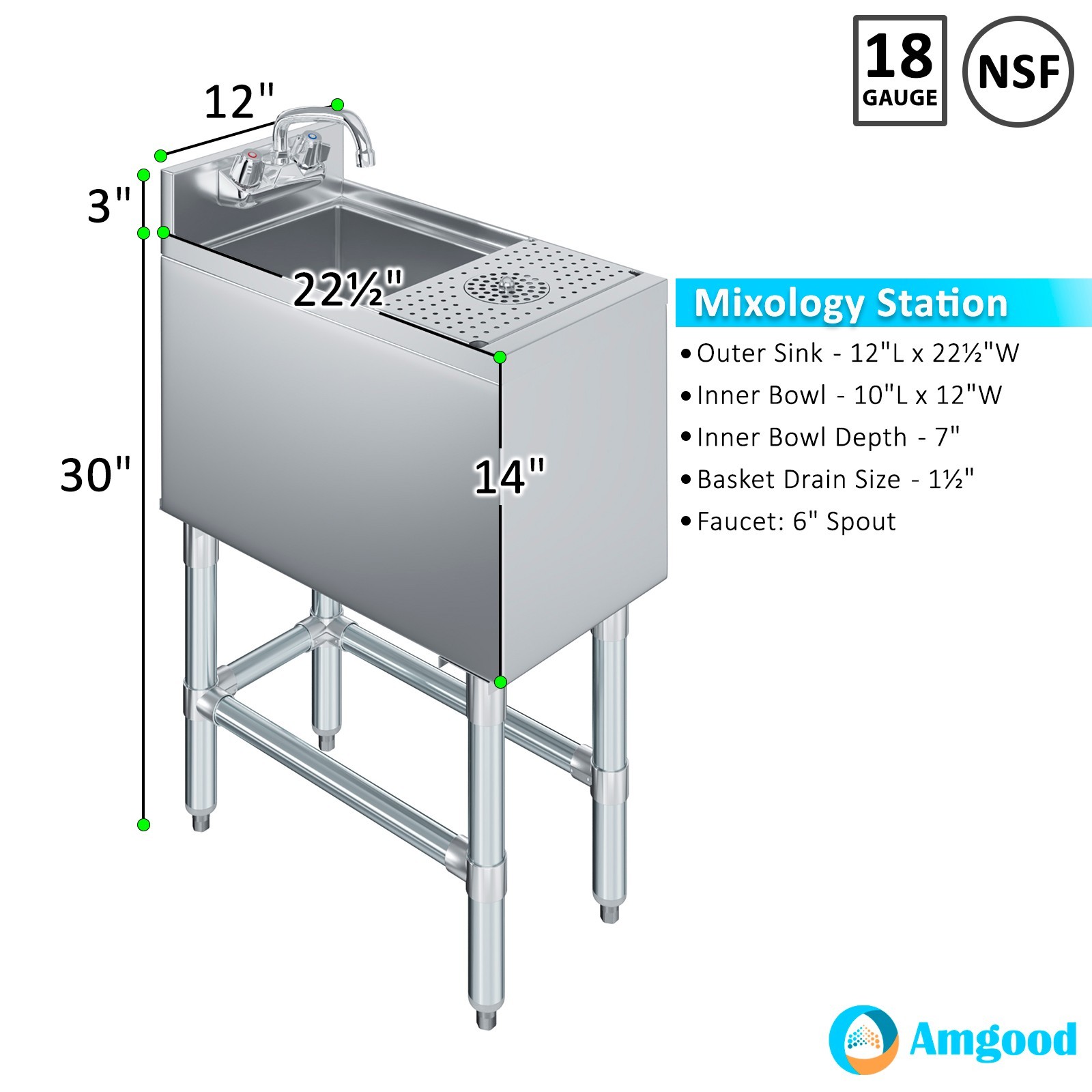 22 in. x 12 in. Underbar Mixology Station – Sink, Glass Rinser & Dipper Well