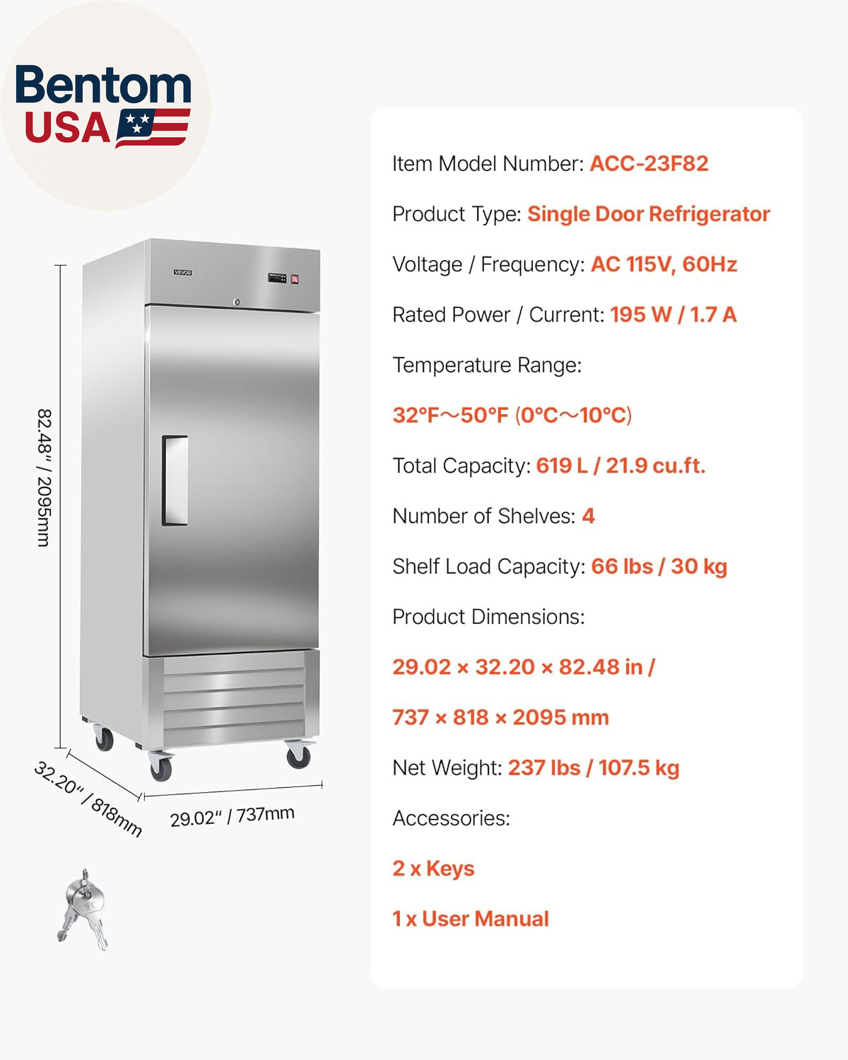 Commercial Reach-In Refrigerator 29″ W, 22 Cu.Ft Stainless Steel Upright Refrige
