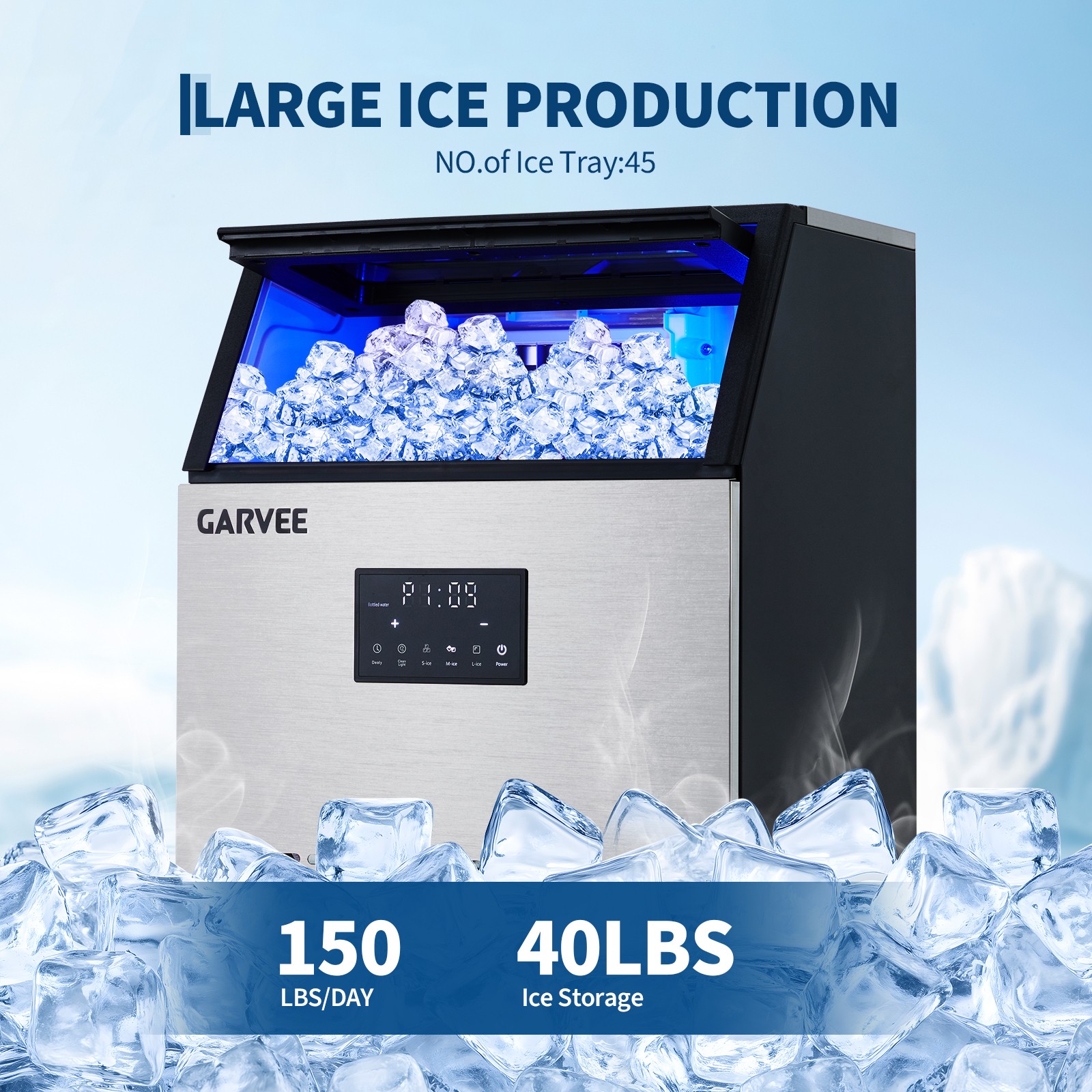 Garvee Commercial Ice Maker,40 Lbs Storage,Freestanding,150 Lbs/24H,3 Ice Sizes
