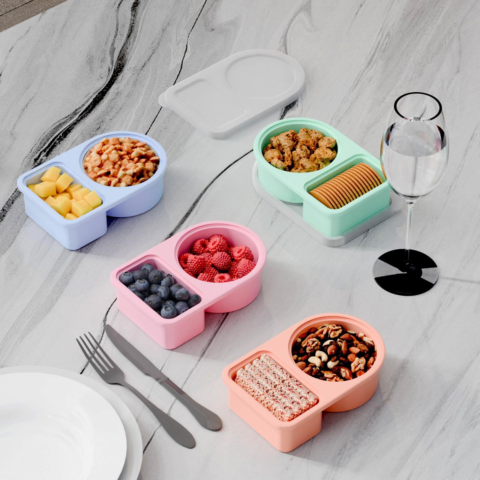 5 Pack Silicone Snack Containers, 2 Compartments Mini Size, Rainbow Color