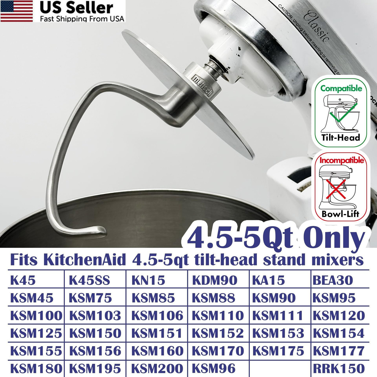 Merisch Anti-Climb Stainless Steel Dough Hook for KitchenAid MCH5, Sliver