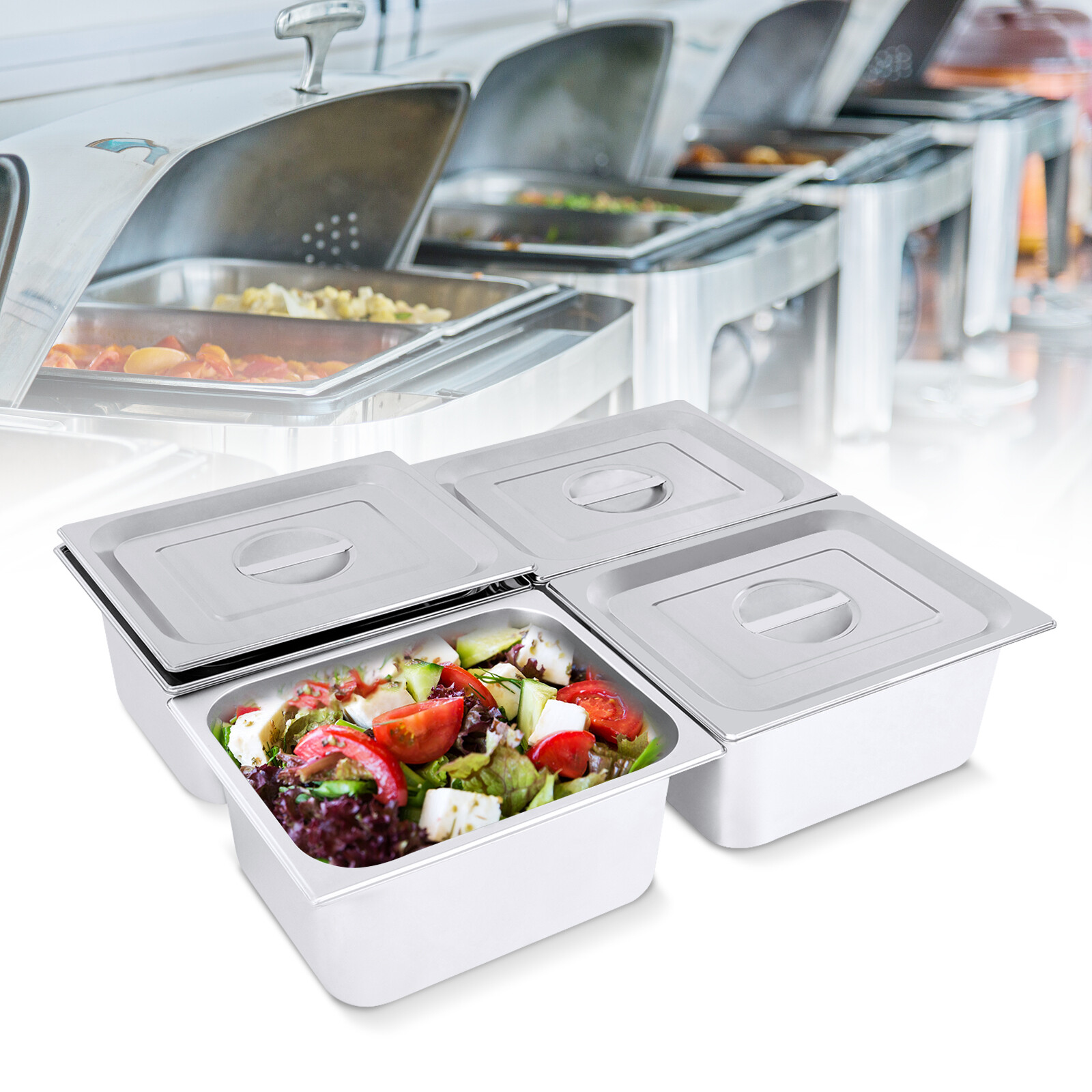4 Pack 6″Deep 1/2 Size Steam Table Pans with Lids Hotel Food Pan Stainless Steel