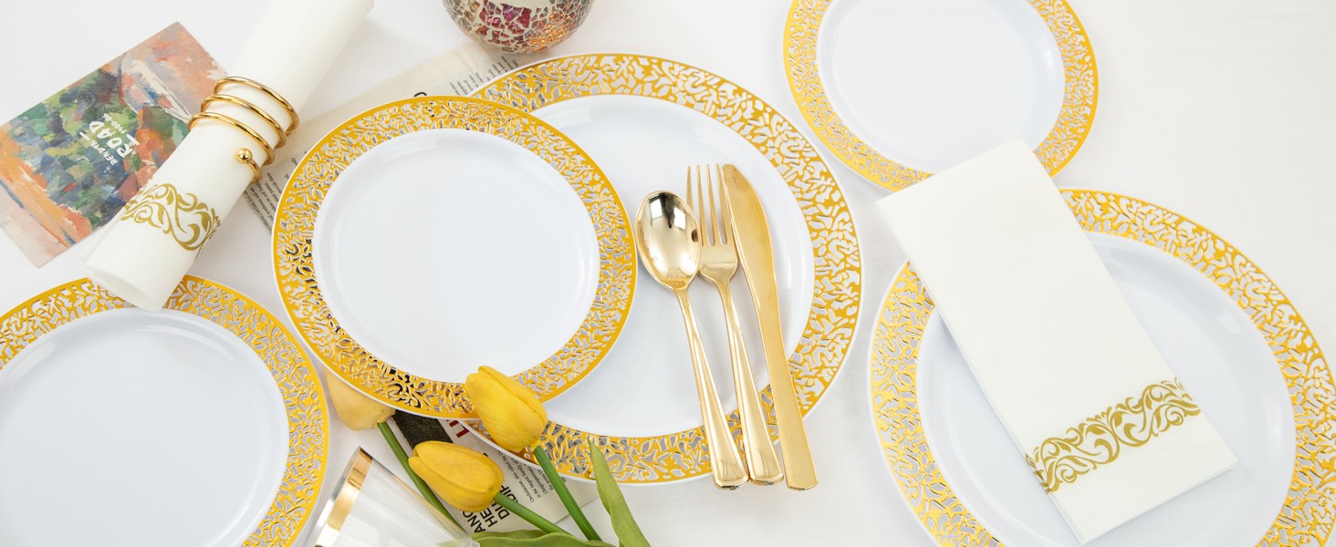 210Pcs Gold Plastic Dinnerware – Disposable Silverware and Cups, Include:30
