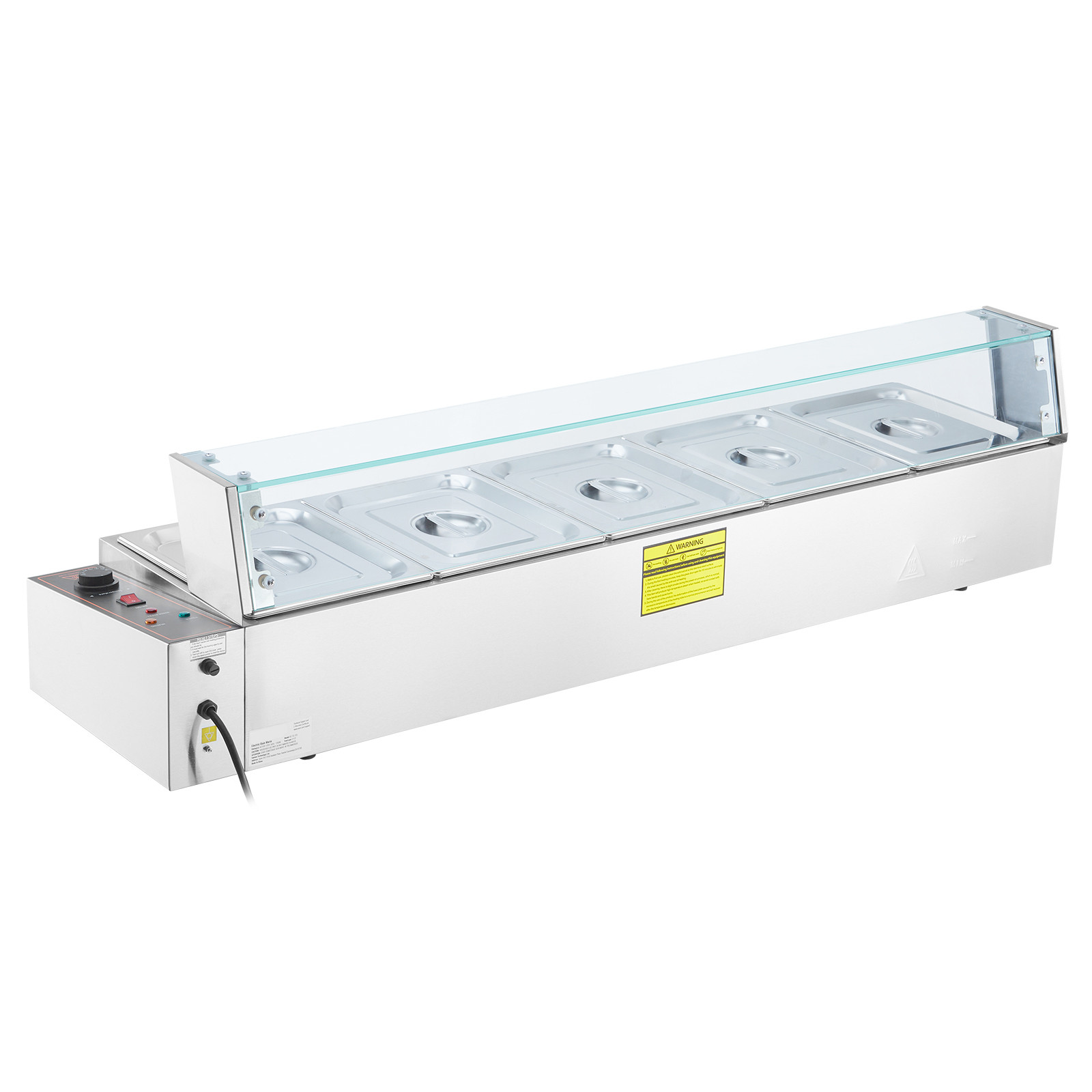 VEVOR Commercial Food Warmer 5*8Qt Countertop Buffet Bain Marie w/ Glass Shield