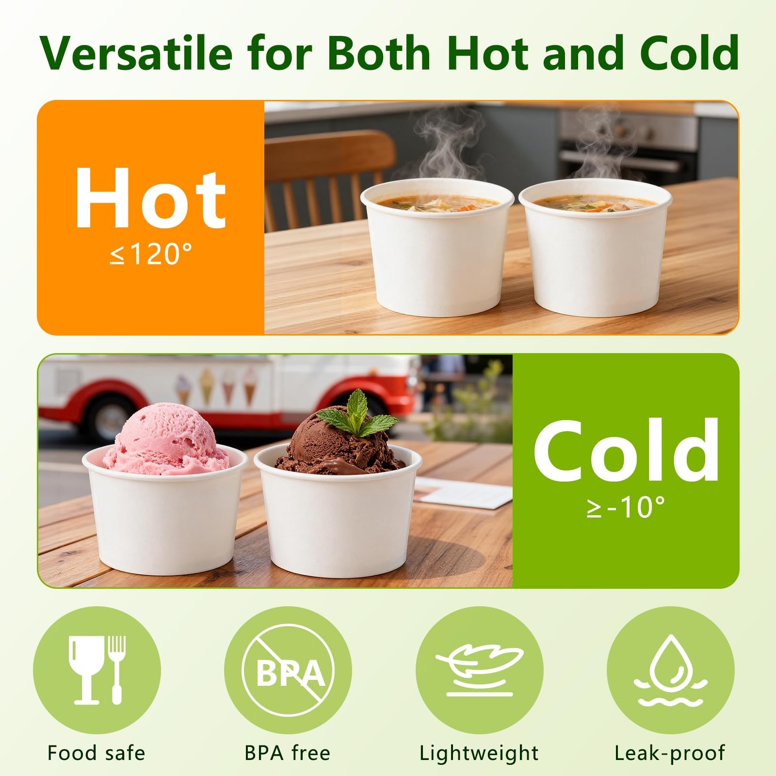 Belinlen 100 Pack 4 oz Paper Ice Cream 17 Ounces, White Cups With Clear Lids
