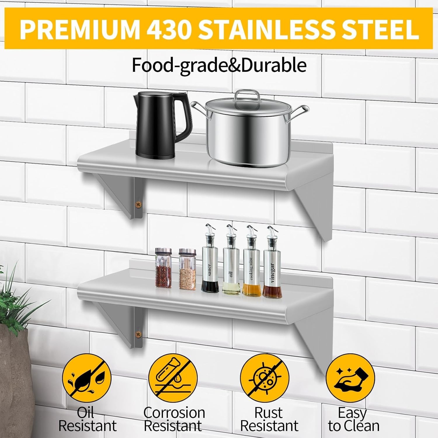 2 Pack Stainless Steel Wall Shelf 8.6 x 16 Inches Commercial Grade Metal Kitchen