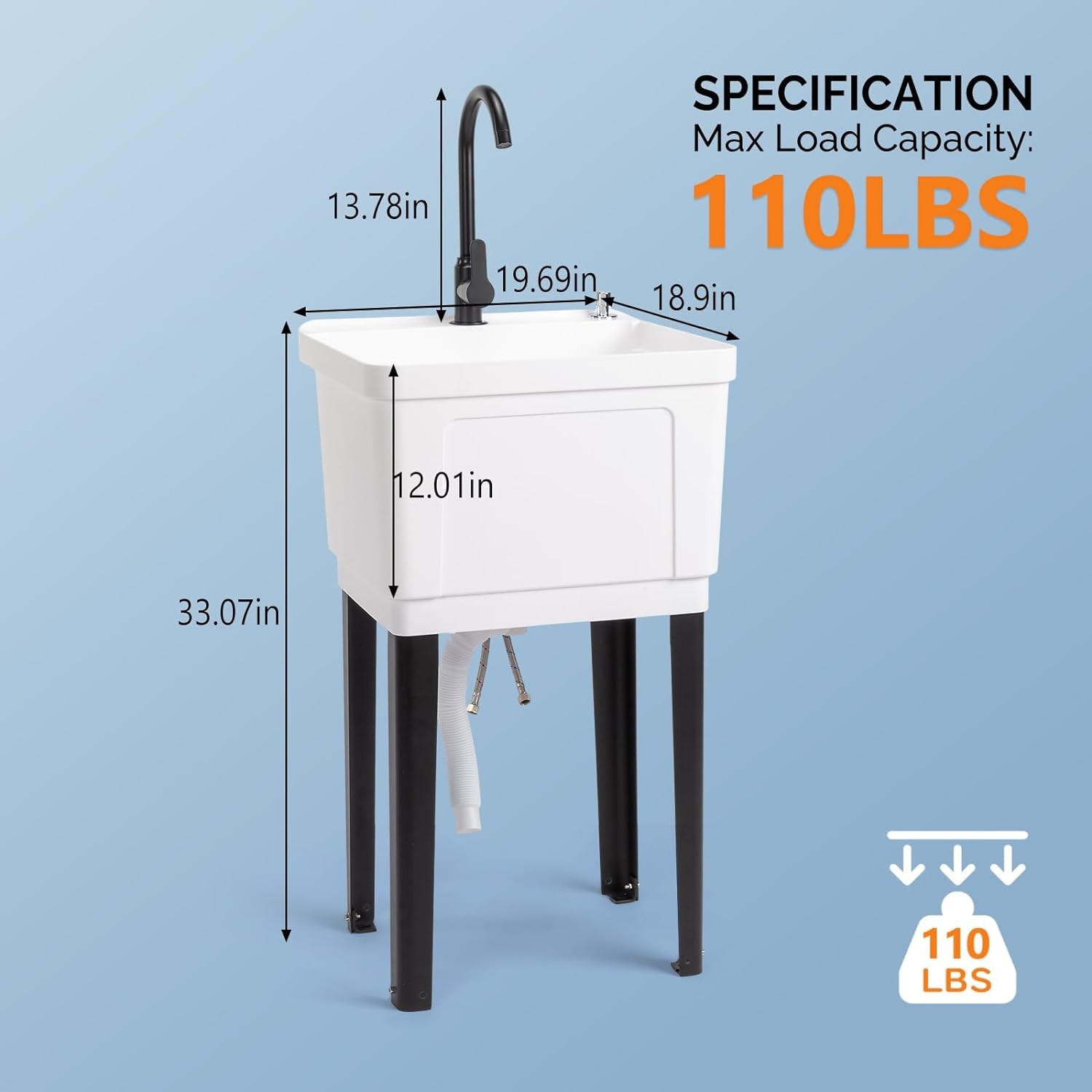 Heavy Duty Utility Sink with Cold and Hot Faucet 19.7″W x 18.9″D Space Saver
