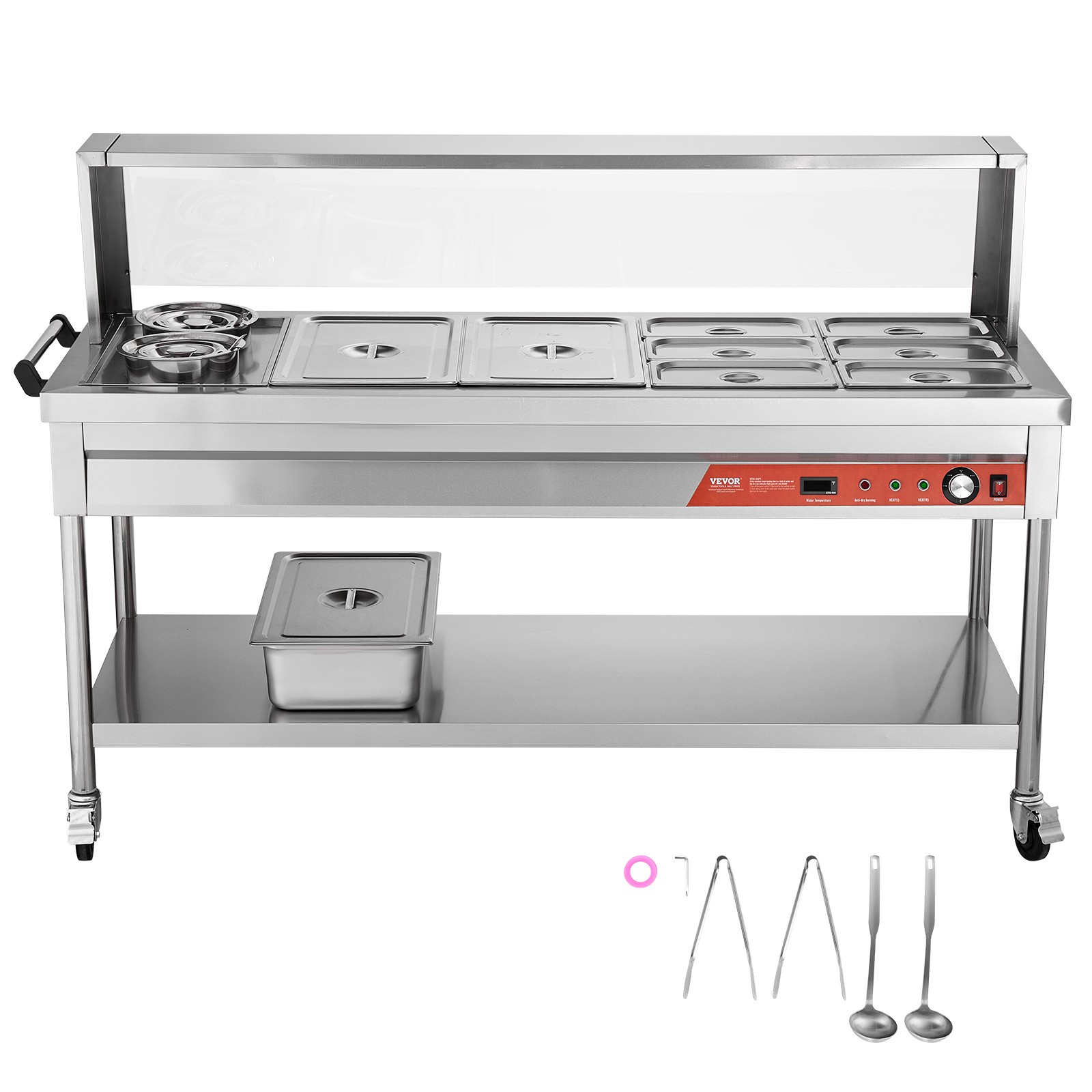 VEVOR 8 Pans + 2 Pots Commercial Food Warmer Steam Table with Undershelf Shield