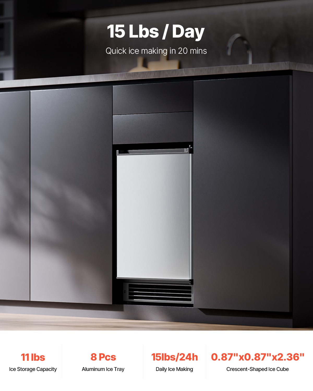 15Lb Commercial Ice Maker 15″ Under Counter Built-in crescent Ice Maker Machine