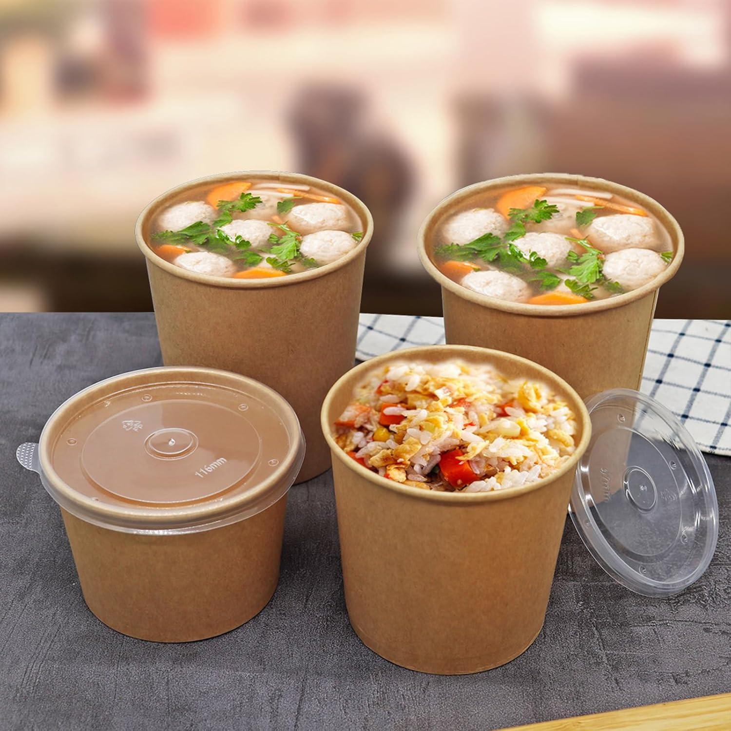 100 Pack 8 Oz Paper Soup Containers Lids Disposable Kraft Paper Food Cups Heavy