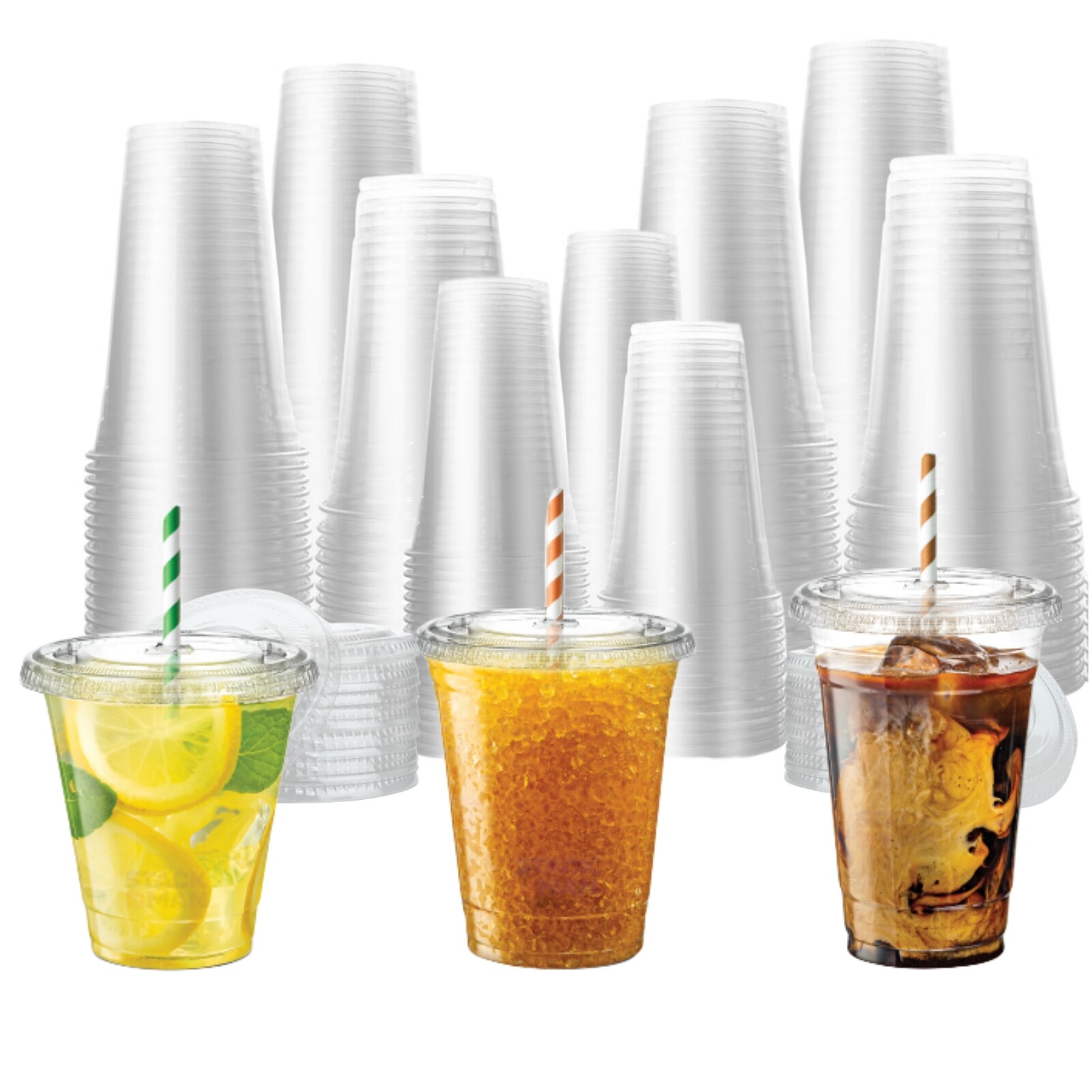 Disposable Clear PET Plastic Cups with Flat Lids&Straws for Iced Coffee BPA Free