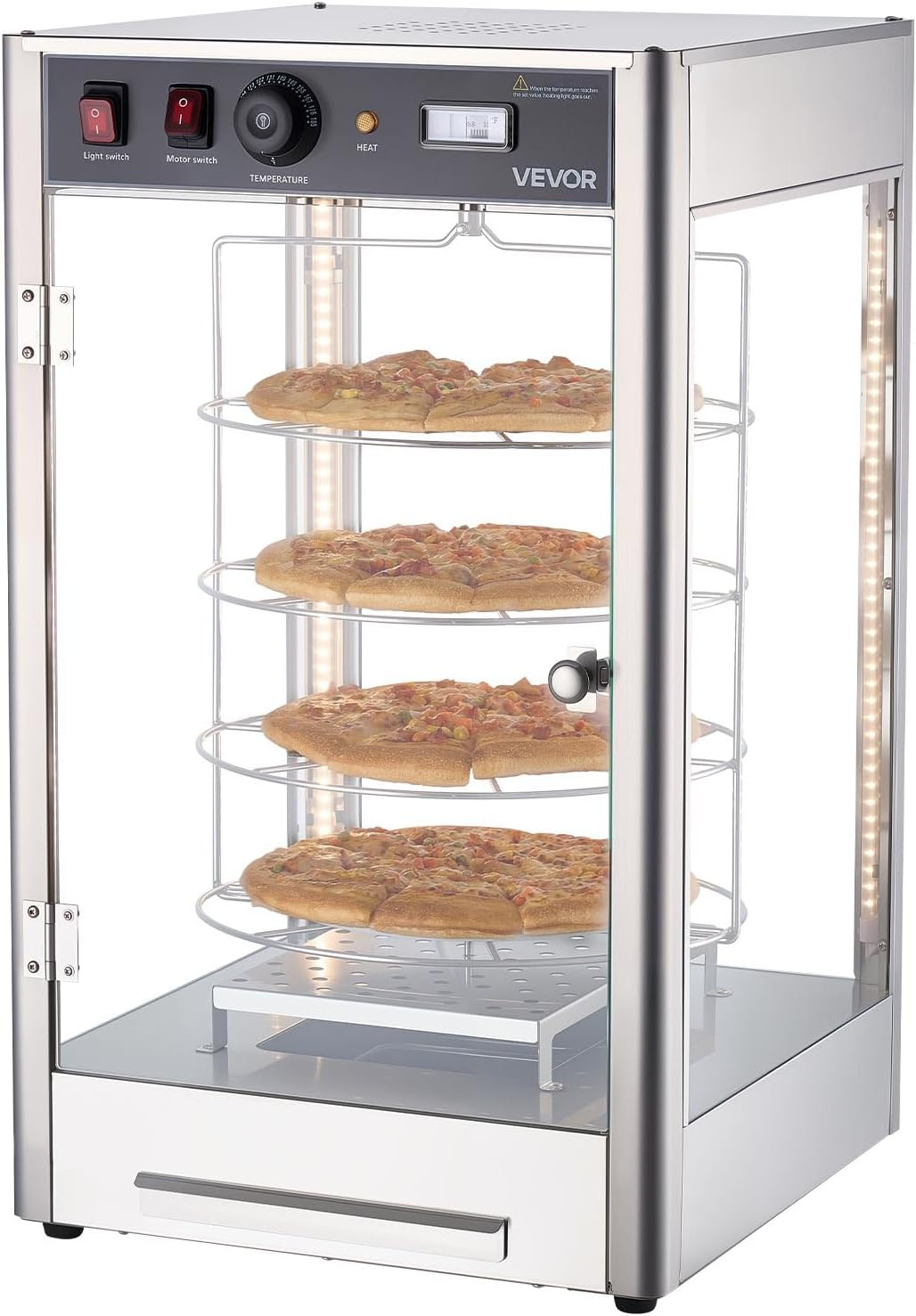 Commercial Food Warmer Display, 4-Tier Pizza Warmer with Rotary Steam Heating fo