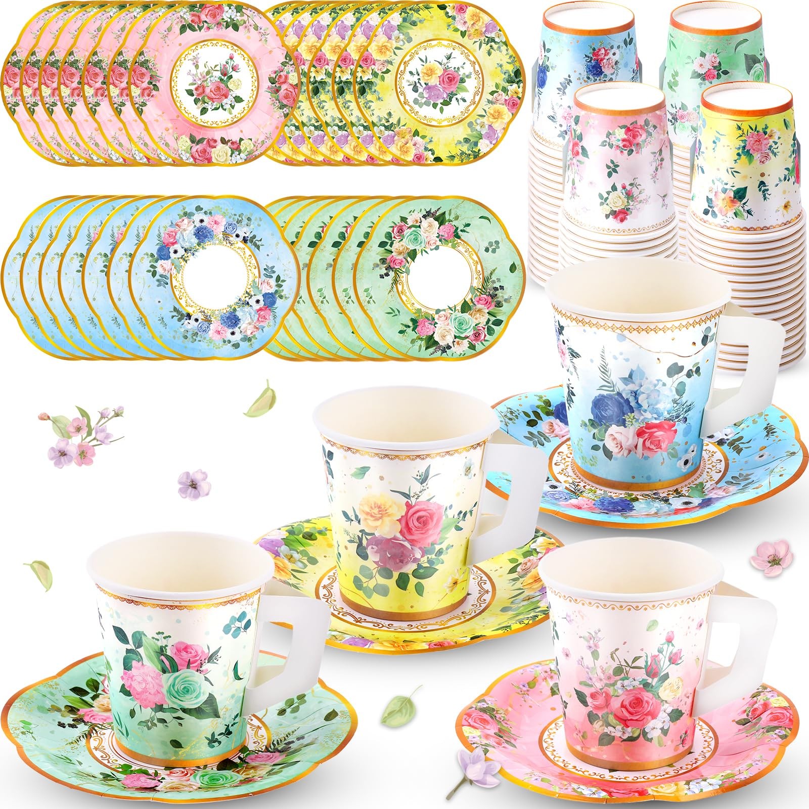 160 Pcs Floral Paper Tea Cups and Saucers 7 OZ Disposable Paper Tea Cups with…