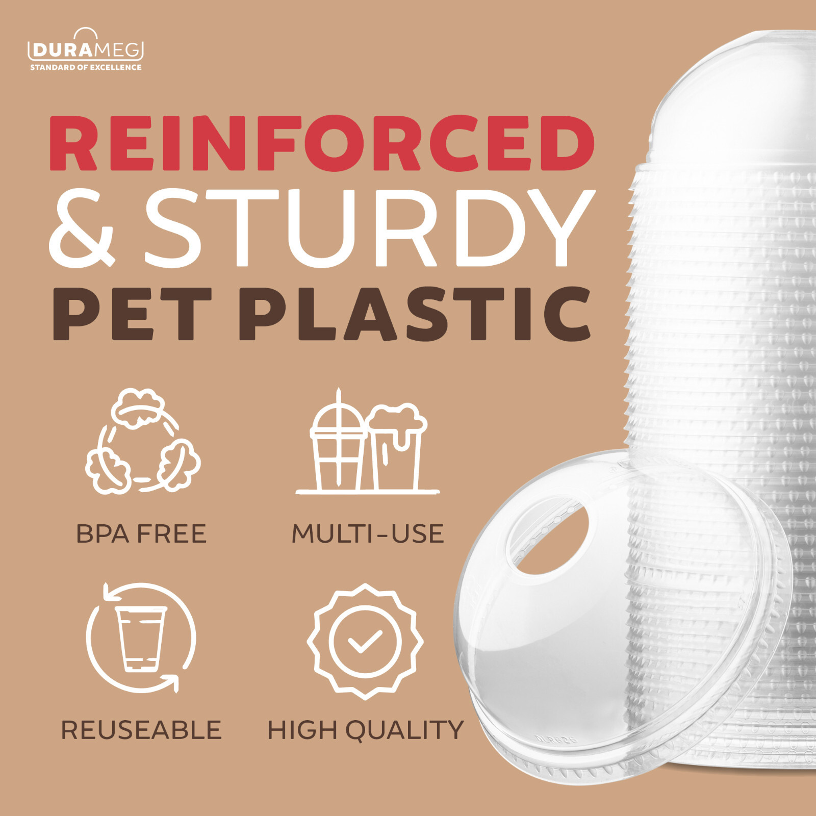 DURAMEG 12oz Clear PET Cups with Dome Lids 100 Pack | Disposable Smoothie Cups