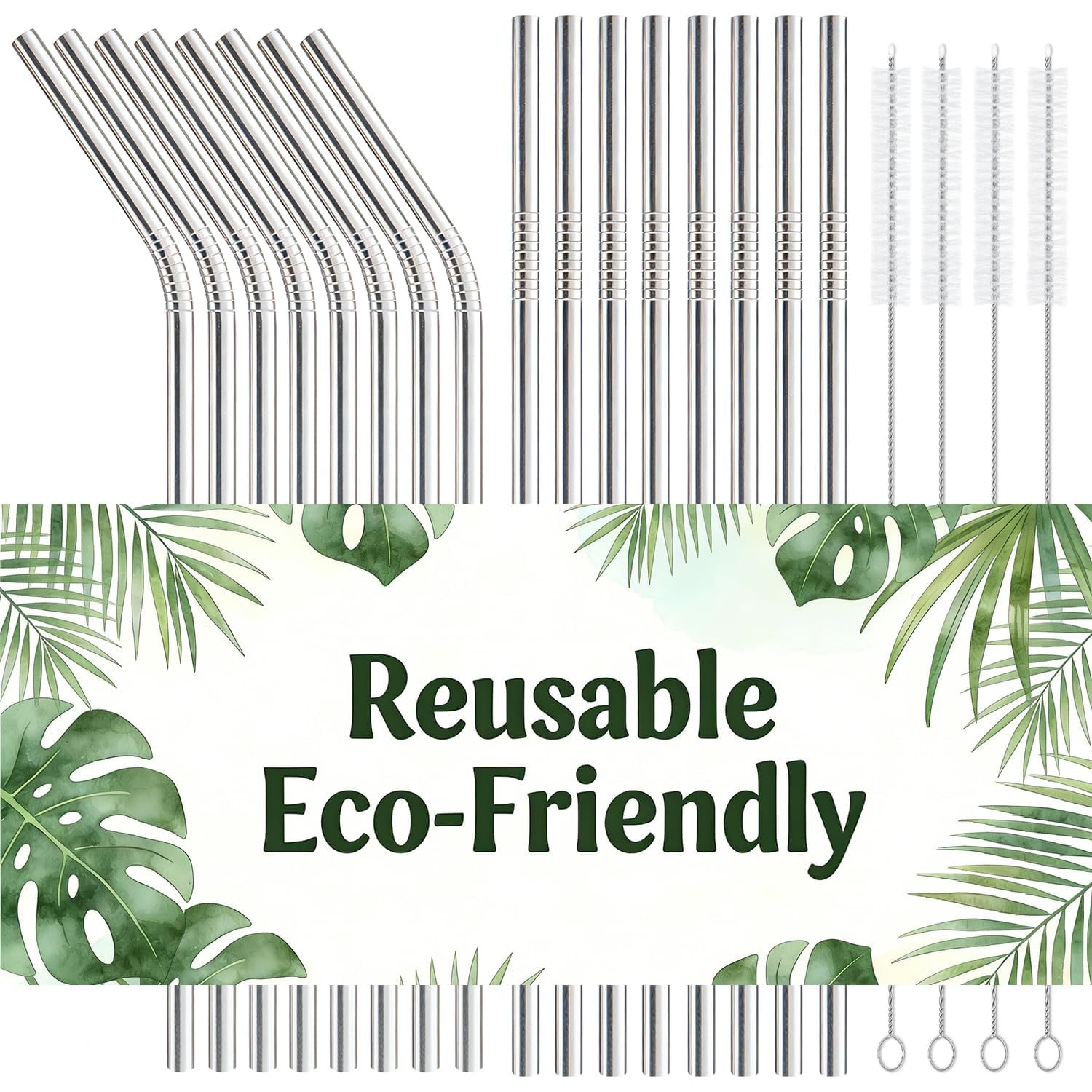 16-Pack Stainless Steel Straw,Reusable Straws – 8 Straight & 8 8.5», Sliver