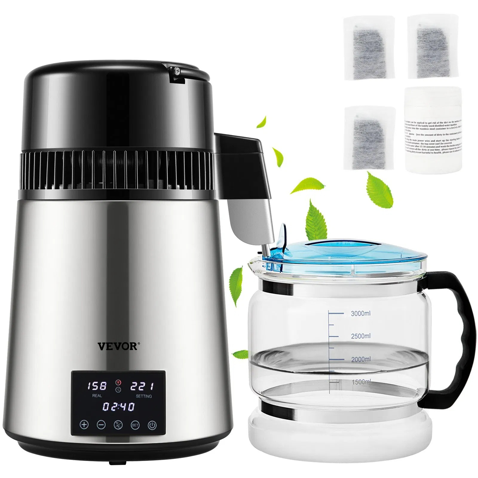 1.1Gal Water Distiller, 0.4Gal/H, Distilled Water Maker Machine 1750W 0-99H Tim