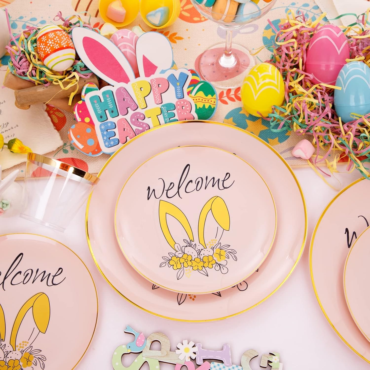 210Pcs Easter Plastic Plates,Pink Gold Party Plates with Bunny Egg Design