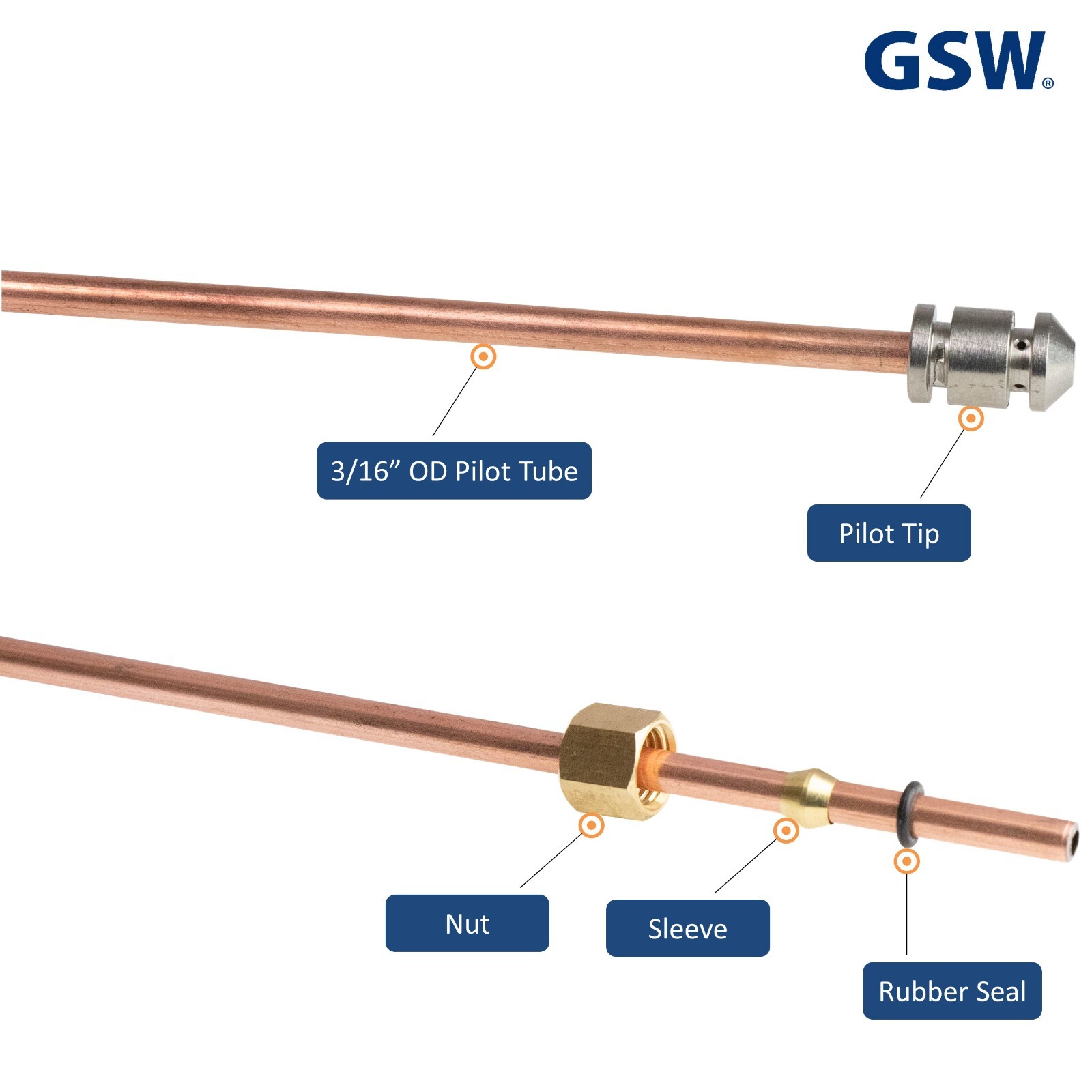 GSW 3/16″OD Bendable Pilot Tubing with Pilot Tip, Nut & Sleeve. Range Accessory