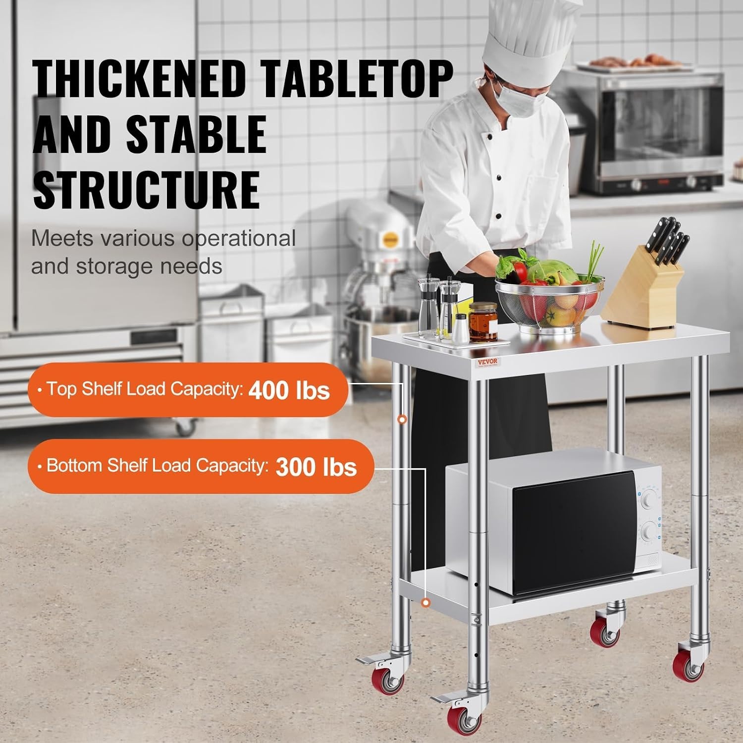 Stainless Steel Work Table with Adjustable Shelf 24 x 30 Inch Mobile Design