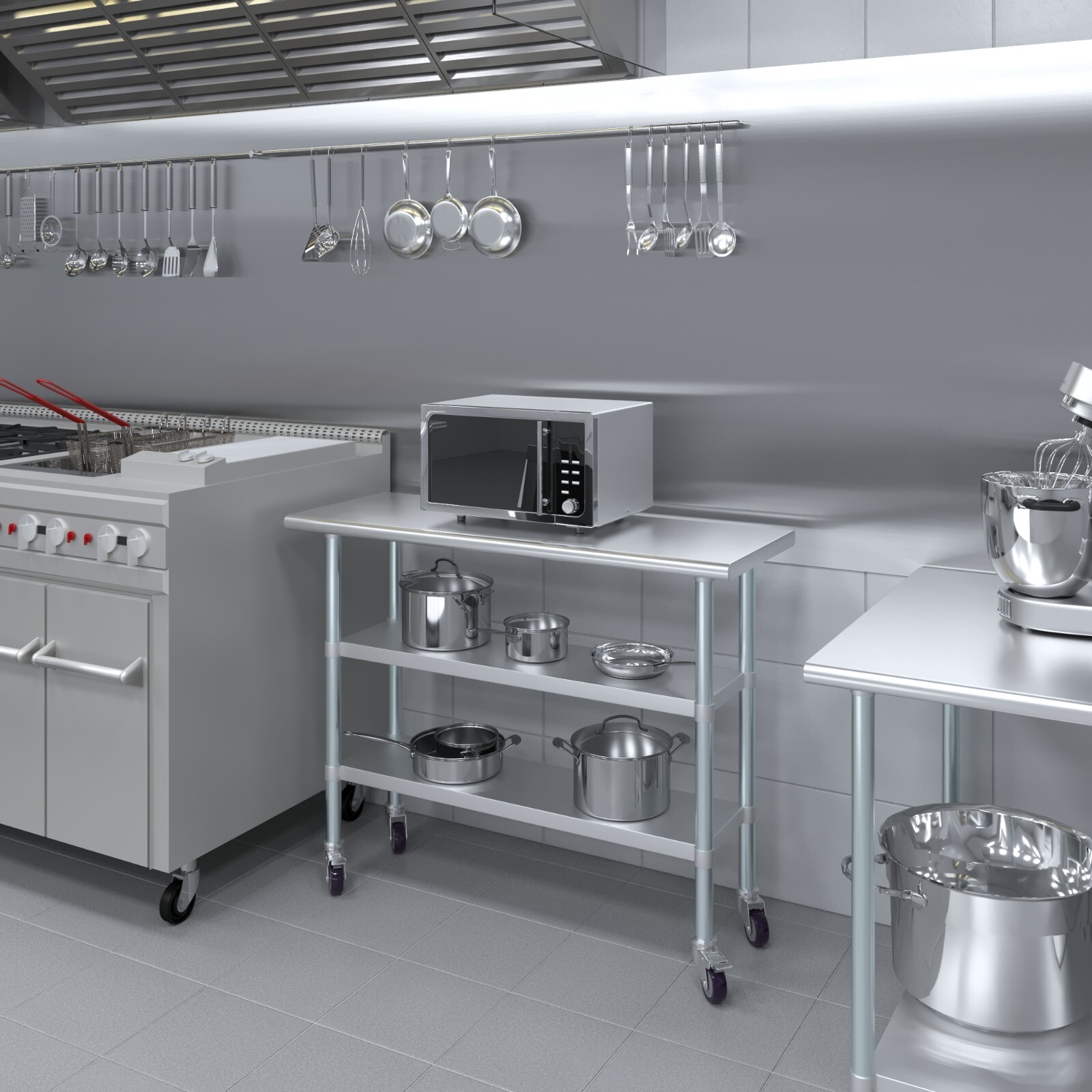 18 in. x 48 in. Stainless Steel Work Table With 2 Shelves and Wheels