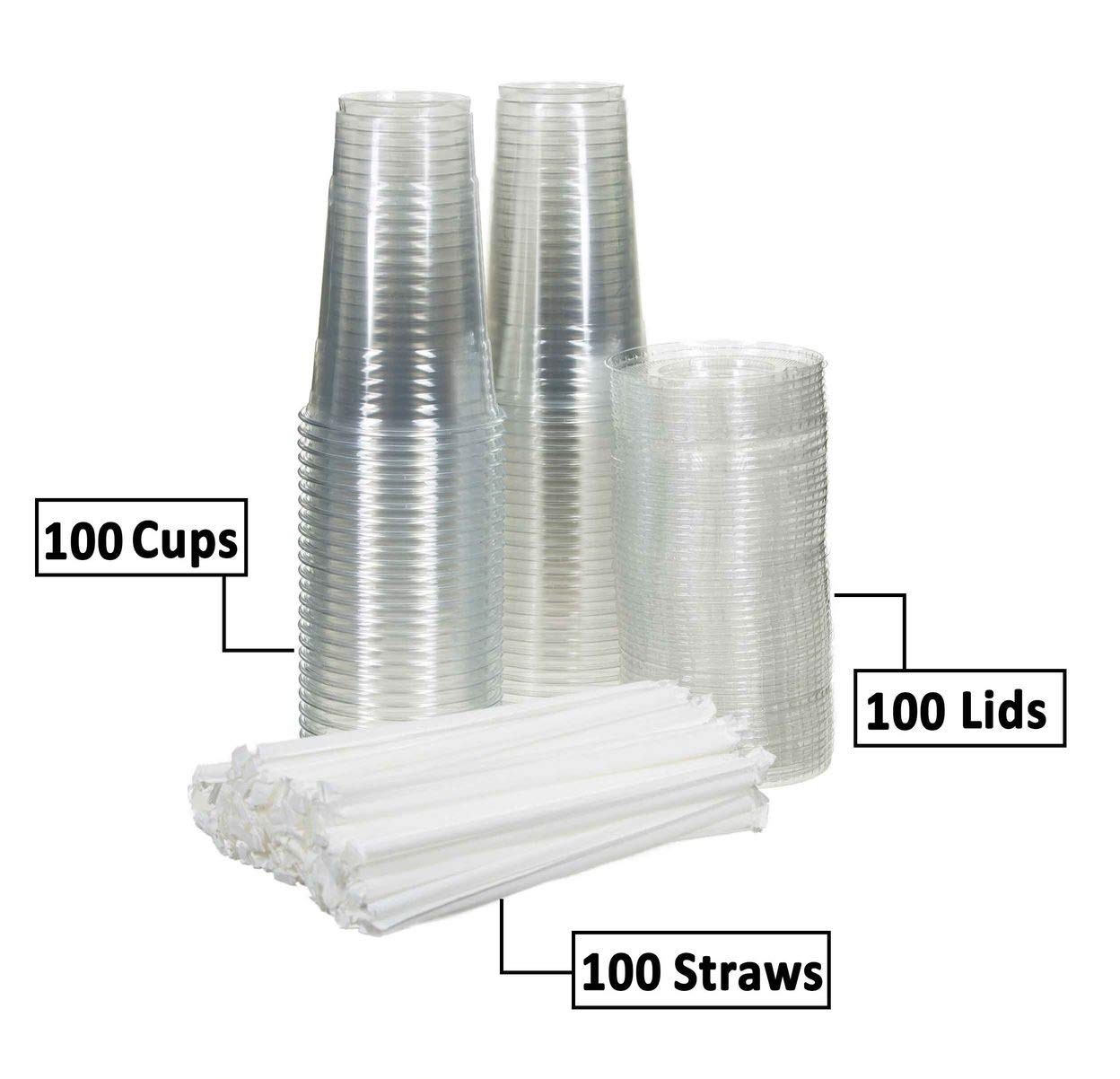 100 Sets (24oz) Disposable Crystal Clear Plastic Cups with Flat Lids and Straws