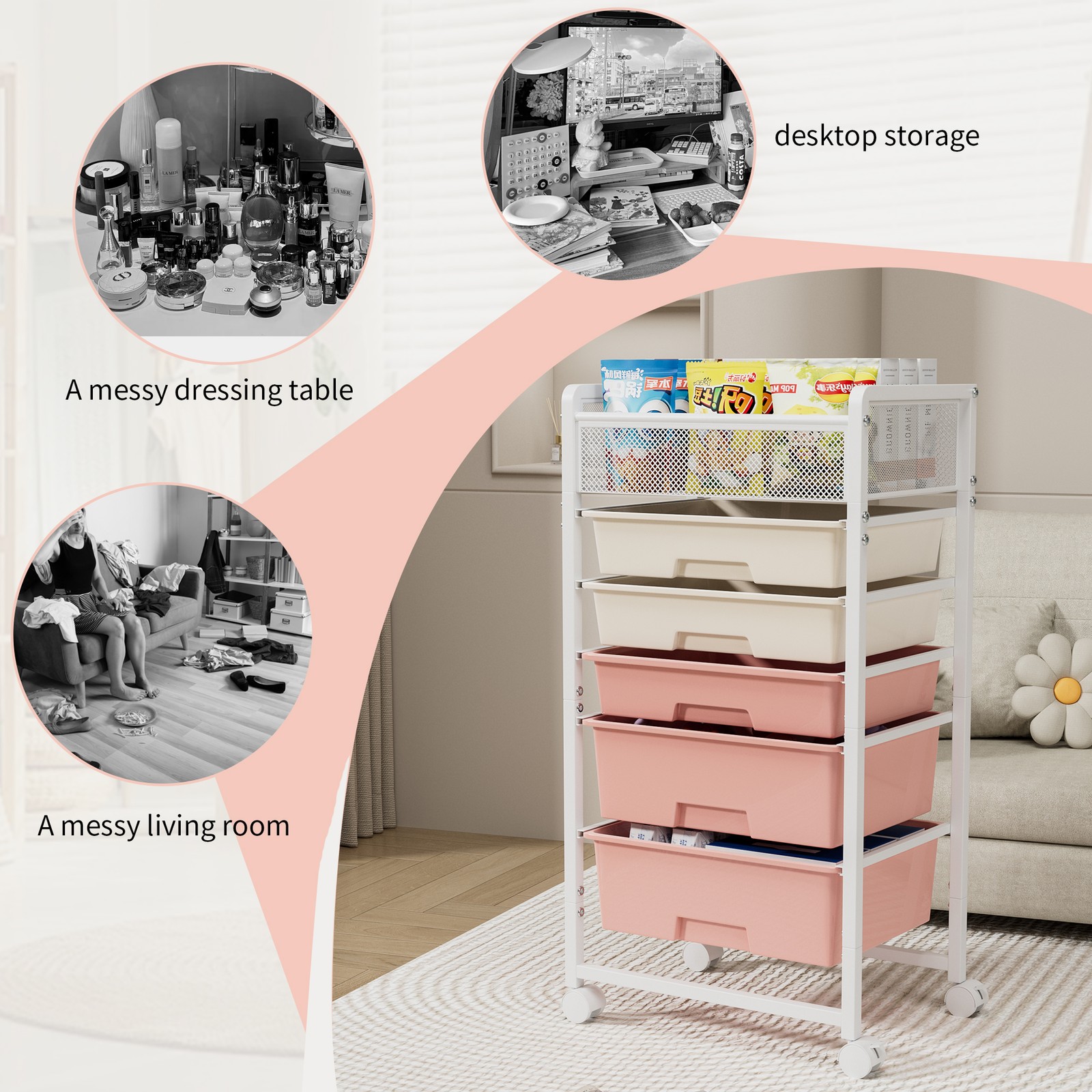 2 Pack 5-Tier Rotating Utility Cart Mobile Metal Storage Organizer Trolley White