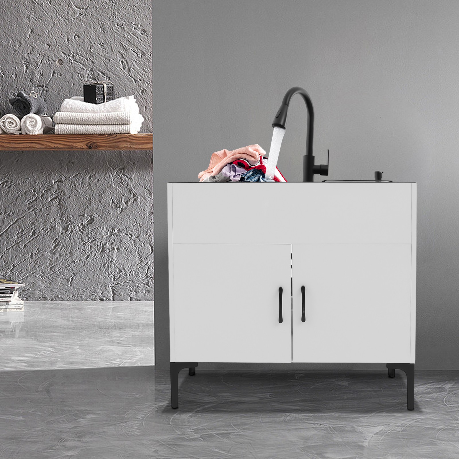 Sink with Pull-Out Faucet and Cabinet Freestanding Kitchen Sink with Cabinet