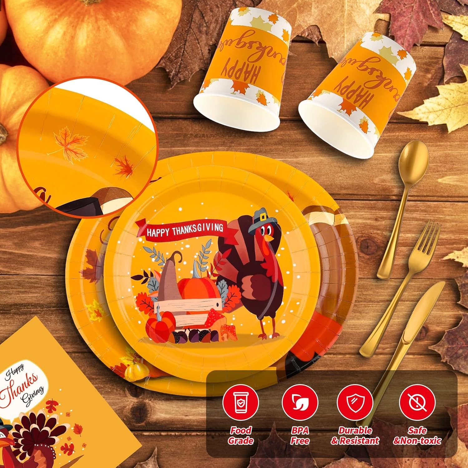 210Pcs Thanksgiving Paper Plates Set -(30 Guests) with 10 * 12inch Oval and