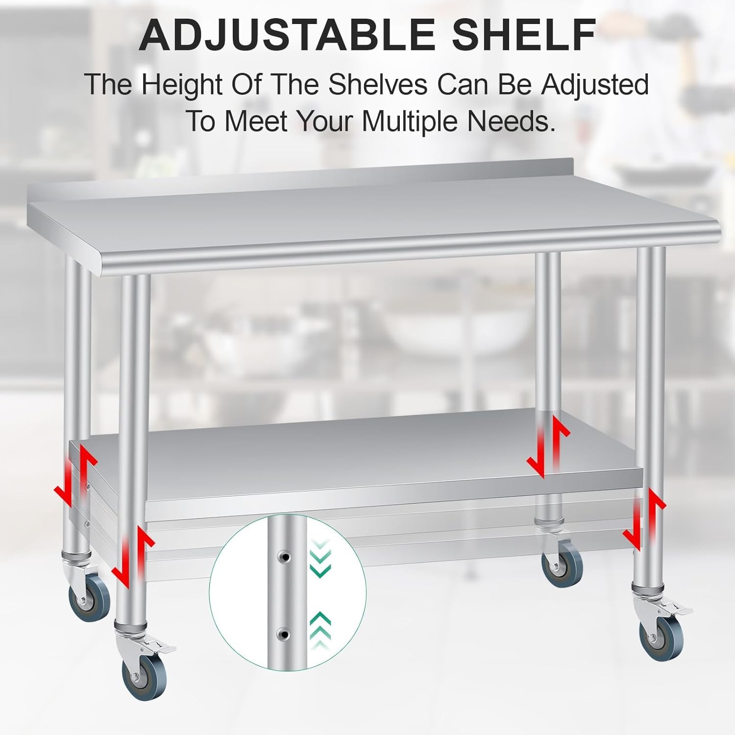 Commercial Stainless Table 60x24inch, Wheels & Backsplash, Adjustable Shelf