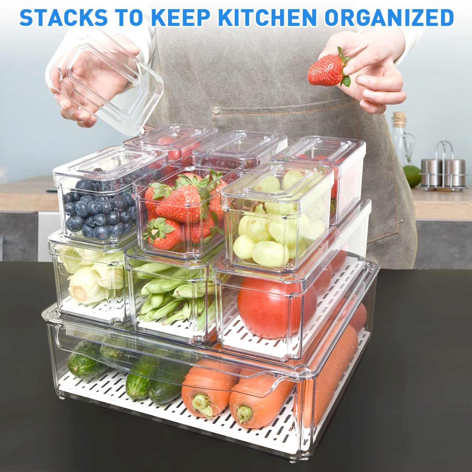 Pomeat 10 Pack Fridge Organizer Stackable Refrigerator Organizer Bins Lids