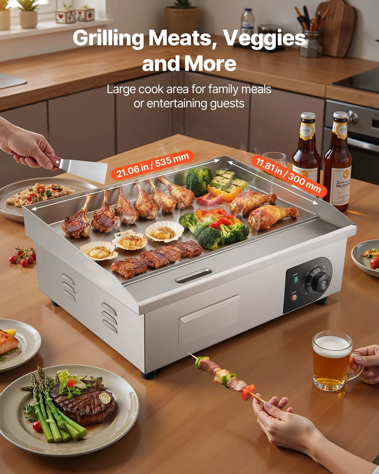 Commercial Electric Griddle, 1750W, 122-570°F Adjustable Temp Control, Stainles