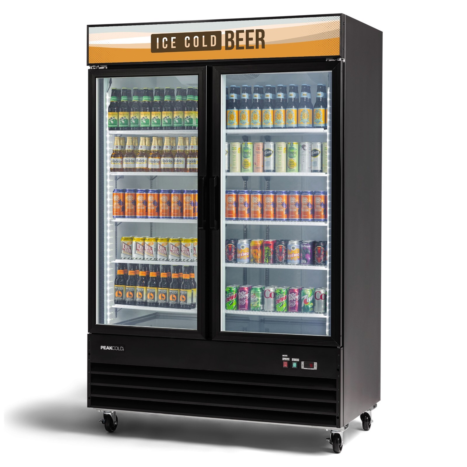 PEAKCOLD Commercial Double Glass Door ICE COLD BEER, Merchandiser, 45 Cu Ft