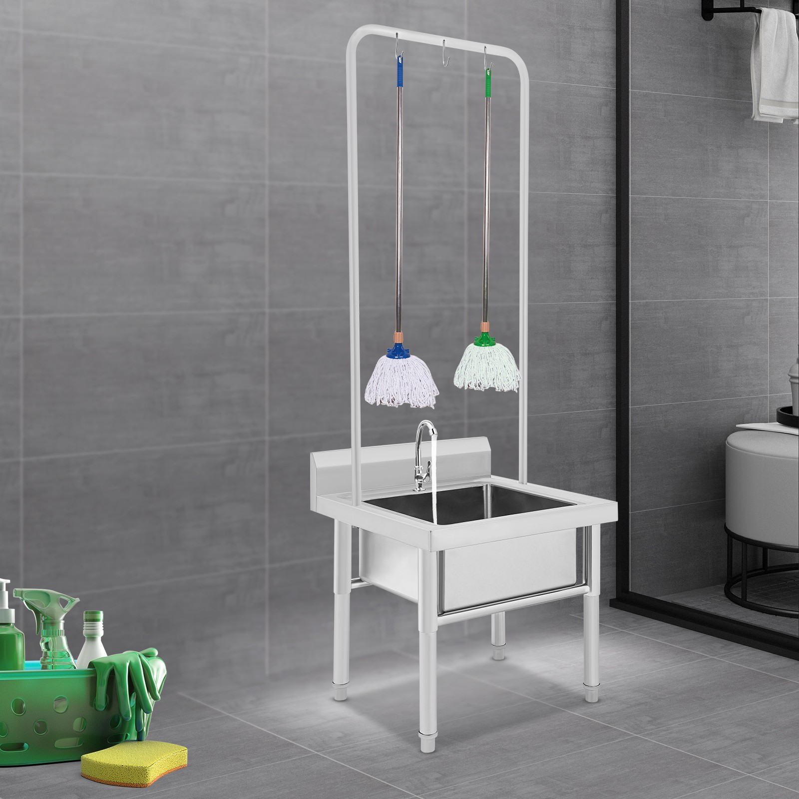 Commercial Mop Sink Stainless Steel Floor Mop Sink with Hanging Rod and Hook