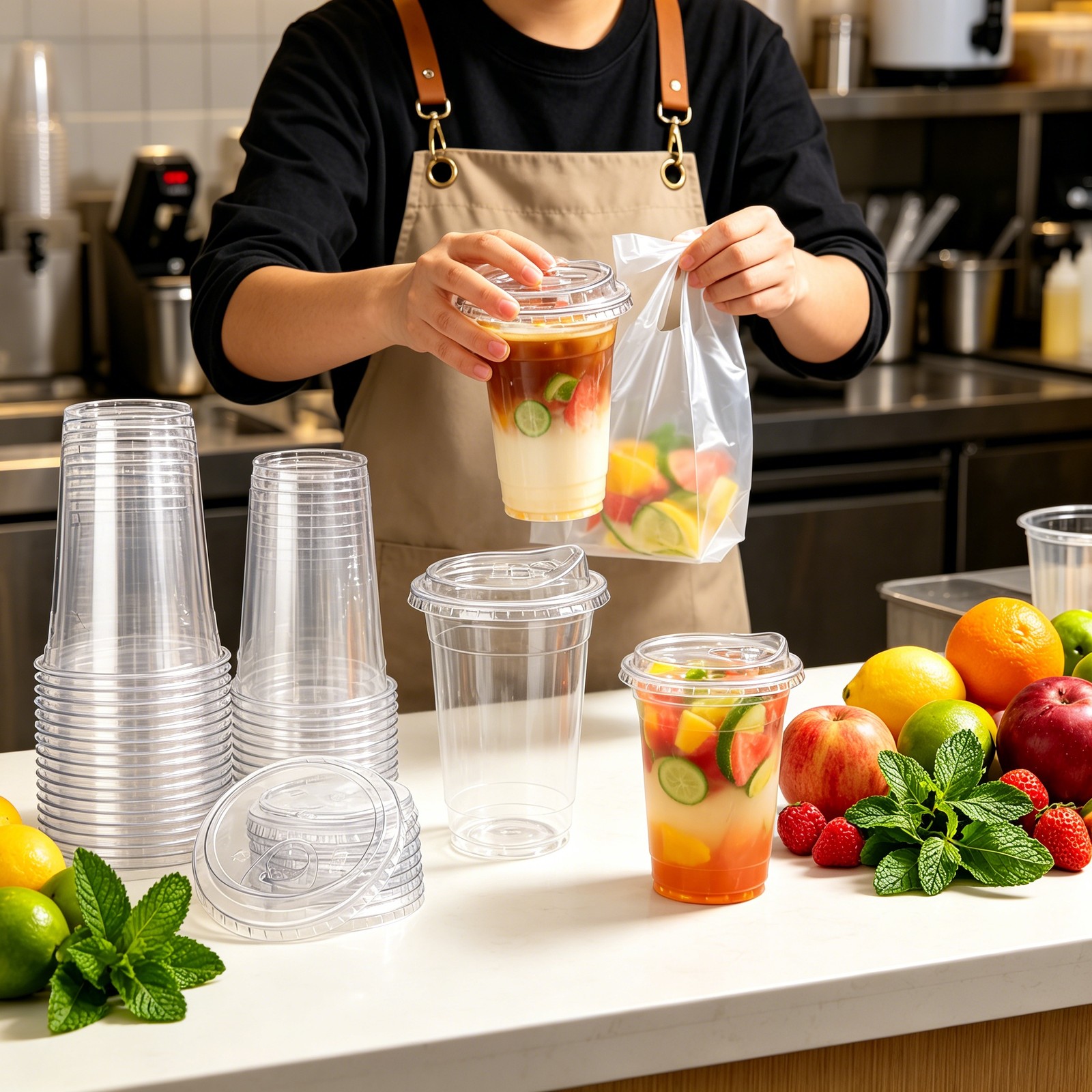 50/100 Pack 16-24oz Clear Plastic Cups with Strawless-Sip-Lids, Disposable Cup