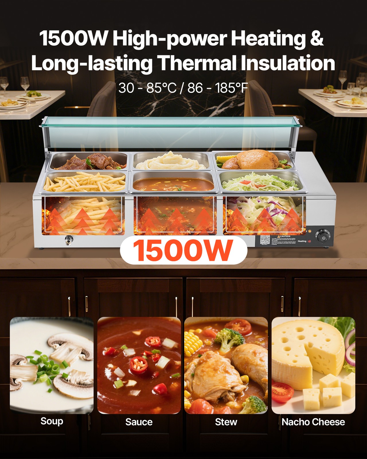 VEVOR Commercial Food Warmer 6x 1/2 Size Pans Buffet Bain Marie with Glass Cover