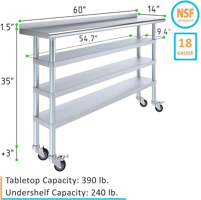 Stainless Steel Metal Work Table with 1.5″ Backsplash and 3 Shelves with Wheels