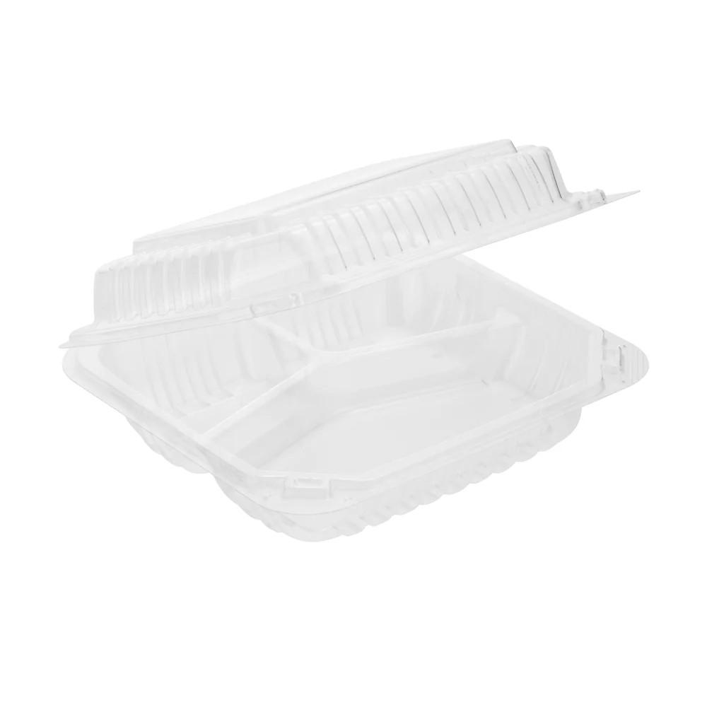 PP Hinged Container 8″x8″, 3 Compartment, Translucent, Vented, 150pc (150/1)